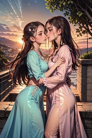 ultra detailed, (masterpiece, top quality, best quality, official art, perfect face:1.2), UHD, cinematic, (muted colors, dim colors), perfect face, perfect eyes, long-lenses photograph, realistic, 8K, 16K, with mountains and valleys, sun and the moon skimpy silhouettes romantically kissing in the sky that is both day wand night , heart, romance, ((flowers, light rose , Plumeria)), stunning light, wind is blowing, couple, colorful sunset, clouds, cloudy, coconut tree, foliage, potted plants, treehouse, balcony, (1girl shiny long hair, long dress:1.4), (1boy short hair style :1.4), photorealistic, masterpiece, couple, romance, (renaissance costume), (classic romance novels),Line art, ,Sakura,sciamano240,1boy