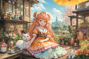 (best quality, ultra-detailed, cute animals,vivid colors,soft lighting,digital illustration,fluffy fur,playful expressions,adorable poses,dreamy atmosphere, colorful surroundings), (hime cut:1.5), digital art, child, cute cat, 16K, cool wallpaper, bun hair, things, jasmine, pillows, clutter, toy, basket, long hair, wood, pot, can copper, garden yard, circle face, smile, sharp focus, HDR, Add more details