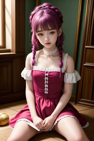 beautiful details, perfect focus,high resolution, exquisite texture in every detail, looking at viewer, blush, smile, bangs, copper eyes, hair ornament, purple hair, hair rings, twin braids, hair ribbon, hair between eyes, 
adorable girl dressed in a (Bisque Doll-like girl outfit: 1.1) The charming ensemble features a frilly collar and cuffs, with delicate lace details, ((1girl 15yo)), (female child, loli:1.3),  ((waist up body of Dilraba Dilmurat)), (Realistic: 1.2), (illustration: 1.2), (perfect eyes:1.3, perfect face:1.3), long eyelashes, perfect lighting, perfect shading, (best quality, masterpieces), (realphoto , photographic, 35mm f2.0:1.4),(Western, old school :1.2), fantasy, (beautiful girl:1.2), (beautiful face:1.2), (Small room, cluttered room, stairs:1.2),(book:1.6), Books are scattered all over the place, colorful dynamic, (sitting_on_stairs:0), sitting, (reading a book, looking at book,looking at another:1.4), expressionless, dutch angle, barefoot, side lighting, dynamic color hair,
(ultra-detailed, vivid colors,soft lighting, digital illustration) expressions, (dreamy atmosphere, colorful surroundings), digital art, 8K, 16K, cool wallpaper, things, jasmine, pillows, clutter, wood toy, sharp focus, HDR, Add more details,