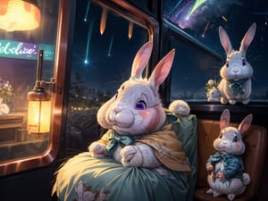 (Epic:1.4),  (A lot of rabbits:1.6),  Being on the train)),  traveling a long distance from the city,  waving goodbye,  saying goodbye,  hugging each other,  Many rabbits appeared from the train window. Waving a handkerchief,  Hands wipe away tears,  Smile with tears,  The atmosphere is full of emotions. (Meteor shower:1.4),  semi realistic hyper detailed,  awesome quality,  ultra-high res,  (photorealistic:1.4),  Masterpiece,  Concept Art,  perfect animal,  colorful wear,  bright light reflecting,  intricate details,  sharp focus,  natural lighting,  perfect shadow,  realistic,  16K,  UHD,  artstation,  pixiv,  CGI art,  extremely detailed cg,  quality,  gorgeous light and shadow,  highres,  (absurdres:1.2),  ultra high res,  high quality,  sparkling eyes,  stunning light,  gorgeous scenes,  ultra detailed,  brilliant color,  Illustrate,  starry sky Shining brightly It was a night so beautiful it was awe-inspiring,  celebrating,  in a wintery scene pink purple blue green northern lights,  trending on artstation,  kawaii,  sharp focus,  Photorealistic Images,  (extra wide shot:1.4),  dynamic lighting,  vivid colors,  texture detail,  particle effects,  storytelling elements,  narrative flair,  hyper (anime illustration:1.4),  character,  dynamic angle, no human, ((with text as "Good Bye 2023" , brush style , copper style )) 