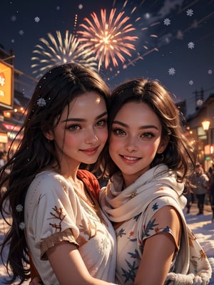 (best quality, masterpiece, perfect face :1.2), (beautiful and aesthetic:1.2), colorful, dynamic angle, highest detailed face)
People,  girl,  boy,  The parade float has signs welcoming the New Year,  the atmosphere is fun and full of happiness. The sky was filled with colorful fireworks. In the front is a couple facing each other (Realistic:1.4),  illustration,  Adorable , (winter cloth, puffy short sleeves :1.6), (high quality:1.3),  (ultra detailed,  8K,  16K,  ultra highres),  sharp focus,  professional dslr photo,  photoreal,  (Photorealistic:1.4),  UHD,  HDR,  volumetric fx,  ray tracing,  (((intricate details))),  extremely detailed CG,  perfect anatomy,  perfect face,  beautiful,  cinematic photo,  romantic tone,  vibrant colors,  perfect photography,  professional,  perfect sky,  (navy,  orange,  red,  gold hues),  In front are dear friends hugging each other happily,  ((text as "Happy New Year 2024",  brush cute style,  copper style)), (official art, extreme detailed, highest detailed),Christmas 1girl