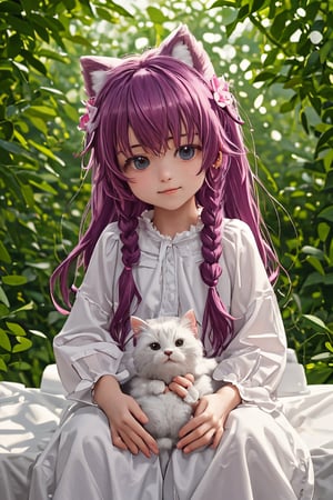 Masterpiece, beautiful details, perfect focus, 8K, high resolution, exquisite texture in every detail, 1girl, solo, looking at viewer, blush, smile, bangs, blue eyes, hair ornament, purple hair, hair rings, twin braids, hair flower, hair ribbon, longhair, hair between eyes, (best quality,ultra-detailed,cute animals,vivid colors,soft lighting,digital illustration,fluffy fur,playful expressions,adorable poses,dreamy atmosphere, colorful surroundings), (art by Makoto :1.5), digital art, child, cute cat, 16K, cool wallpaper, things, jasmine, pillows, clutter, toy, basket, wood, pot, can, copper, garden yard, smile, sharp focus, HDR,Add more details,TWEEN GIRL,CHILD