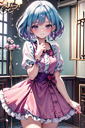 adorable girl dressed in a (Bisque Doll-like girl outfit: 1.1), high resolution, perfect eyes:1.3, perfect face:1.3, long eyelashes, (masterpiece:1.3), best quality, nostalgic, (realistic: 1.4), (illustration: 1.2), random hair color, short hair, ((1 girl)), (14years old, female child, loli:1.4), cute face, maid costume, pretty eyes, (making tea: 1.6), big cleaning, clutter, (Ray tracing: 1.3), (extremely detailed CG), clear delicate faces, Angelonia, Rich red dress with lots of lace and frills, (Waist up body: 1.5), perfect lighting, perfect shading, rim light, perfect anatomy, perfect hands, 
(best quality, masterpiece), gazebo, ((Bright Periwinkle)), (funny pose:1.3), action pose, hands up, flower pattern, flower pot, (green-purple eyes:1.3) red hair and wavy hair, very cute hair(shy blush:1.1) ,slightly smile, photo quality, ((perfect eyes, perfect fingers)), (Sharp focus, realistic, illustration:1.2), 