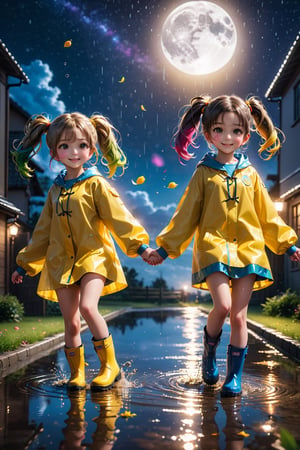 ultra detailed, (masterpiece, top quality, best quality, official art, beautiful face:1.2), (photorealistic:1.37), UHD, HDR, 16K, 8K, beautiful girl, sharp focus, Two girls playing in puddles wearing rain boots. In the center of the puddles,  there is a clear reflection of the transparent water surface with bright light reflecting upon it. The girls are dressed in yellow raincoats and wearing boots,  allowing them to play in the puddles without getting wet. One of them is an energetic girl with her hair tied up in pigtails,  while the other has cute short twin tails. Holding hands,  they jump and frolic,  creating splashes of water. The weather is fine after the rain,  and a vibrant rainbow stretches across the background,  creating a joyful atmosphere,  Dark night,  wind blowing,  stary night,  night sky,  absurderes,  high resolution,  Ultra detailed backgrounds,  highly detailed hair,  Calm tones,  (Geometry:1.42), Photograph the whole body,  Backlighting of natural light,  falling petals,  the source of light is the moon light,  colorful wear,  (adorable difference face:1.4),anime