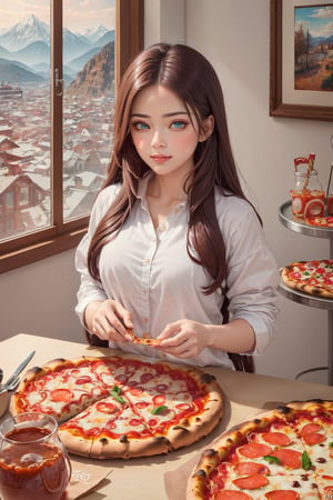 (ultra detailed, ultra highres), (masterpiece, top quality, best quality, official art :1.4), (high quality:1.3), cinematic, (muted colors, dim colors), (perfect eyes, perfect face:1.3), long-lenses photograph, realistic, UHD, 16K, 8K, warm glow, with mountains and valleys, stunning light, wind is blowing, sharp focus, extremely detailed CG, (perfect hands, perfect fingers, nice hands), photorealistic, casual wear, (1girl with shiny long hair:1.4), (seafood pizza), (many pizza on shelf), food showcase, (pizza shop interior: 1.4), (color: taffy, mint, Celeste, buttermilk), more detail ,Blueeyes