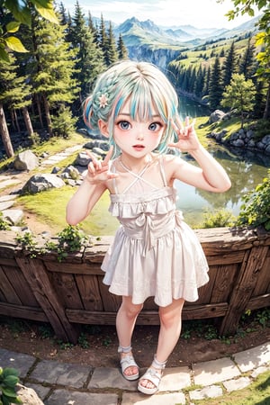 (best quality),(masterpiece:1.1),(extremely detailed CG unity wallpaper:1.1), (colorful cloth :1.3),(panorama shot:1.4),looking at viewer, dynamic angle, high res, detailed face, detailed eyes, 1 girl, solo, short-bob roughtly cut and two braided hair-bangs tied behind her head, cute hairstyle, full body, mountain forest , outdoors, (perfect fingers :1.4), perfect face, five fingers for each hand, (in love pose :1.4), fantasy, Exquisite face