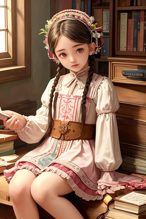 beautiful details, perfect focus,high resolution, exquisite texture in every detail, looking at viewer, blush, smile, bangs, copper eyes, hair ornament, purple hair, hair rings, twin braids, hair ribbon, hair between eyes, 
adorable girl dressed in a (Bisque Doll-like girl outfit: 1.1) The charming ensemble features a frilly collar and cuffs, with delicate lace details, ((1girl 15yo)), (female child, loli:1.3),  ((waist up body of Dilraba Dilmurat)), (Realistic: 1.2), (illustration: 1.2), (perfect eyes:1.3, perfect face:1.3), long eyelashes, perfect lighting, perfect shading, (best quality, masterpieces), (realphoto , photographic, 35mm f2.0:1.4),(Western, old school :1.2), fantasy, (beautiful girl:1.2), (beautiful face:1.2), (Small room, cluttered room, stairs:1.2),(book:1.6), Books are scattered all over the place, colorful dynamic, (sitting_on_stairs:0), sitting, (reading a book, looking at book,looking at another:1.4), expressionless, dutch angle, barefoot, side lighting, dynamic color hair,
(ultra-detailed, vivid colors,soft lighting, digital illustration) expressions, (dreamy atmosphere, colorful surroundings), digital art, 8K, 16K, cool wallpaper, things, jasmine, pillows, clutter, wood toy, sharp focus, HDR, Add more details,