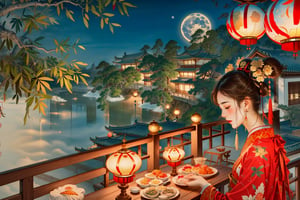 (Best quality, masterpiece, detailed details), Chinese illustration, Chinese traditional festivals, Mid-Autumn Festival, full moon background, many people, detailed details, emotional expressions, a family dinner, the moon, Chinese lanterns, a table of delicious food, Mid-Autumn Festival Festival, traditional culture, there are many people of different styles in the scene, some closer to the front, some closer to the back, full of hidden details, epic scenes, crazy photography 16K resolution,Meimei,1girl,isaku