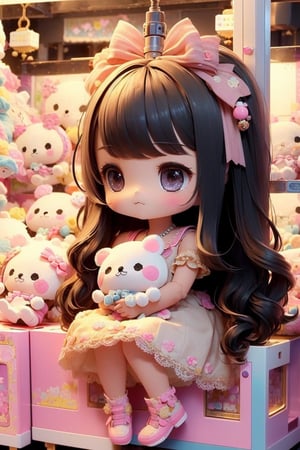 1girl, best quality, ultra-detailed, (((masterpiece))), (((best quality))), extremely detailed, ((claw machine)), ((claw is clamping a doll box up)), hand on bottom panel, control joystick and press button with hand, cleavage, big tits, ribbon, beige lace overalls, black updo longhair, shy, blush, petite figure proportion, claw machine, Glittering, cute and adorable, (perfect lighting, perfect shadow), wide shot, dreamlike scenery, Realism, blending colors,vibrant hues, amazing photo, wearing dress pretty ruffle, cute shoe, hug pillow heart, holding cute doll, Chibi, chibi,UFOCatcher