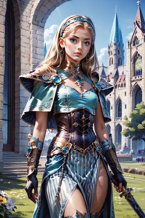 score_9, score_8_up, score_8, masterpiece, official art, ((ultra detailed)), (ultra quality), high quality, perfect face, 1 girl with long hair, blond-green hair with bangs, bronze eyes, detailed face, wearing a fancy ornate (((folk dress))), shoulder armor, armor, glove, hairband, hair accessories, striped, (holding the great weapon :1.4), jewelery, thighhighs, pauldrons, side slit, capelet, vertical stripes, looking at viewer, fantastical and ethereal scenery, daytime, church, grass, flowers. Intricate details, extremely detailed, incredible details, full colored, complex details, hyper maximalist, detailed decoration, detailed lines, best quality, HDR, dynamic lighting, perfect anatomy, realistic, more detail, Architecture, full juicy lips, perfect green eyes, (kawaii face), DonMM1y4XL