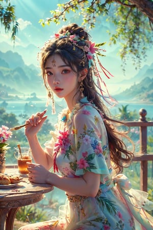 ultra detailed, (masterpiece, top quality, best quality, official art, perfect face:1.2), UHD, cinematic, (muted colors, dim colors), perfect face, perfect eyes, long-lenses photograph, realistic, 8K, 16K, with mountains and valleys, dynamic lighting, (1girl), in an outdoor restaurant overlooking the ocean, table has food and drinks, candles, vibrant colors, she is styling with a Hawaiian dress, detailed expressive eyes, bright mood lighting coconut tree, foliage, potted plants, treehouse, balcony, photorealistic, masterpiece, romance, Line art,Ancient Chinese style