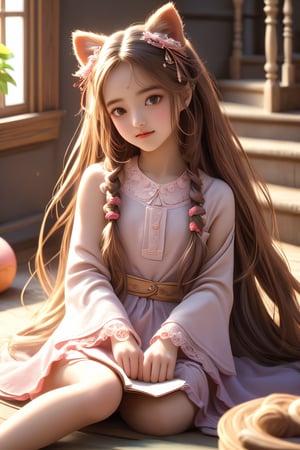 beautiful details, perfect focus,high resolution, exquisite texture in every detail, looking at viewer, blush, smile, bangs, copper eyes, hair ornament, purple hair, hair rings, twin braids, hair ribbon, hair between eyes, 
adorable girl dressed in a (Bisque Doll-like girl outfit: 1.1) The charming ensemble features a frilly collar and cuffs, with delicate lace details, ((1girl 15yo)), (female child, loli:1.3),  ((waist up body of Dilraba Dilmurat)), (Realistic: 1.2), (illustration: 1.2), (perfect eyes:1.3, perfect face:1.3), long eyelashes, perfect lighting, perfect shading, (best quality, masterpieces), (realphoto , photographic, 35mm f2.0:1.4),(Western, old school :1.2), fantasy, (beautiful girl:1.2), (beautiful face:1.2), (Small room, cluttered room, stairs:1.2),(book:1.6), Books are scattered all over the place, colorful dynamic, (sitting_on_stairs:0), sitting, (reading a book, looking at book,looking at another:1.4), expressionless, dutch angle, barefoot, side lighting, dynamic color hair,
(ultra-detailed, vivid colors,soft lighting, digital illustration) expressions, (dreamy atmosphere, colorful surroundings), digital art, 8K, 16K, cool wallpaper, things, jasmine, pillows, clutter, wood toy, sharp focus, HDR, Add more details,