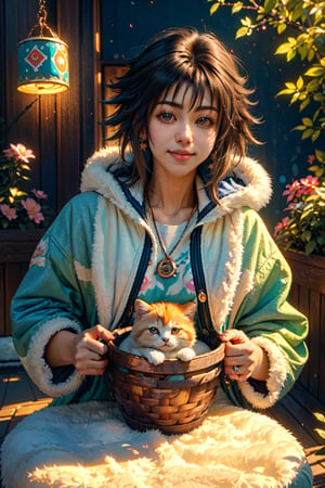 (best quality,ultra-detailed,cute animals,vivid colors,soft lighting,digital illustration,fluffy fur,playful expressions,adorable poses,dreamy atmosphere,colorful surroundings), (art by Makoto :1.5), digital art, child, cute cat, 16K, cool wallpaper, things, jasmine, pillows, clutter, toy, basket, wood, pot, can copper, garden yard, circle face, smile, sharp focus, HDR,Cutehair, long hair, onitsuka, Add more details