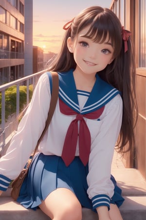 (perfect face), top quality, (official art :1.2), UHD, HDR, 16K, 8K, vivid color, (high quality:1.3), (masterpiece, best quality:1.4), (ultra detailed, ultra highres), sharp focus, extremely detailed CG, cute hair style (illustration:1.2), (photorealisitc :1.37), high contrast, colorful, ((school uniform)), brown hair, long hair, bangs, hair ribbon, brown eyes, hair tucking,
skirt, socks, bag, pleated skirt, school bag, loafers, looking at viewer, wind, neckerchief, long sleeves, kneehighs, sailor collar, sky, railing, brown footwear, petals, leaf, ribbon ,slender hands, (extremely beautiful, super cute:1.3), (detailed face, rosy skin, perfect eyes, detailed pupil), (cute animal:1.4), stairs, mandarin orange, dusk, duck toy, adorable, cloud, 1girl, solo, (smile), (dynamic action pose :1.2), (looking at camera:1.3), intricate details, (detailed high school background, school building :1.4) ,Charm of beauty twintails hair ribbon,window views