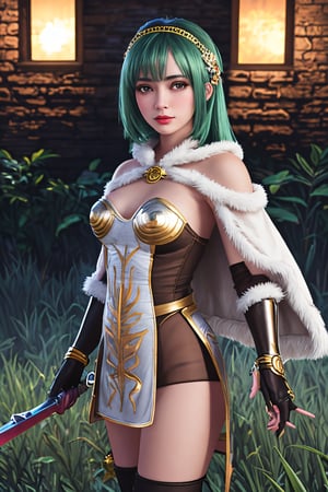 (masterpiece), (absurdres:1.3), (ultra detailed), HDR, UHD, 16K, ray tracing, vibrant eyes, perfect face, award winning photo, 1 girl with long hair, blond-green hair with bangs, bronze eyes, detailed face, wearing a fancy ornate (((folk dress))), shoulder armor, armor, glove, hairband, hair accessories, striped, (holding the great weapon:1.7), jewelery, thighhighs, pauldrons, side slit, capelet, vertical stripes, looking at viewer, fantastical and ethereal scenery, daytime, church, grass, flowers. Intricate details, extremely detailed, incredible details, full colored, complex details, hyper maximalist, detailed decoration, detailed lines, best quality, dynamic lighting, perfect anatomy, realistic, more detail, ,Architect, shiny skin, (shy blush:1.1), (dynamic action pose:1.3) ,slightly smile, lens flare, photo quality, big dream eyes, ((perfect eyes, perfect fingers)) ,kawaii, (Sharp focus realistic illustration:1.2), holding stuff, 