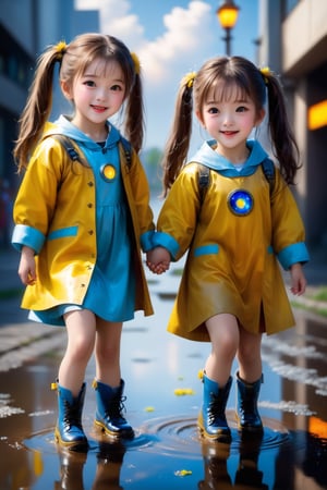 HDR, UHD, 16K, ultra detailed, (masterpiece, top quality, best quality, official art :1.2),( high res:1.2)(photorealistic:1.37), beautiful Two girls playing in puddles wearing rain boots. In the center of the puddles,  there is a clear reflection of the transparent water surface with bright light reflecting upon it. The girls are dressed in yellow raincoats and wearing boots,  allowing them to play in the puddles without getting wet. One of them is an energetic girl with her hair tied up in pigtails,  while the other has cute short twin tails. Holding hands,  they jump and frolic,  creating splashes of water. The weather is fine after the rain,  and a vibrant rainbow stretches across the background,  creating a joyful atmosphere,  Dark night,  wind blowing,  stary night,  night sky,  absurderes,  high resolution,  Ultra detailed backgrounds,  highly detailed hair,  Calm tones,  (Geometry:1.42), (Symmetrical background:1.4),  Photograph the whole body,  from below,  Backlighting of natural light,  falling petals,  the source of light is the moon light,  colorful wear,  (adorable difference face:1.4), (sharp focus:1.3), cyberpunk style,apex realistic XL