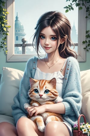 (best quality,ultra-detailed,cute animals,vivid colors,soft lighting,digital illustration,fluffy fur,playful expressions,adorable poses,dreamy atmosphere,colorful surroundings), (art by Makoto :1.5), digital art, child, cute cat, 16K, cool wallpaper, things, jasmine, pillows, clutter, toy, basket, wood, pot, can copper, garden yard, circle face, smile, sharp focus, HDR,(cute long hair fashion style :1.4) ,onitsuka, Add more details