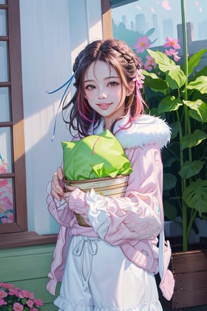 (best quality,ultra-detailed,cute animals,vivid colors,soft lighting,digital illustration,fluffy fur,playful expressions,adorable poses,dreamy atmosphere,colorful surroundings), (art by Makoto :1.5), digital art, child, cute cat, 16K, cool wallpaper, things, jasmine, pillows, clutter, toy, basket, wood, pot, can copper, garden yard, circle face, smile, sharp focus, HDR, cute hair, long hair, more details,frilled_sleeves,white_ribbon, cardigan