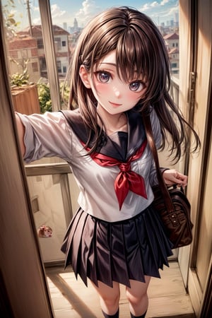 (perfect face), top quality, (official art :1.2), UHD, HDR, 16K, 8K, vivid color, (high quality:1.3), (masterpiece, best quality:1.4), (ultra detailed, ultra highres), sharp focus, extremely detailed CG, cute hair style (illustration:1.2), (photorealisitc :1.37), high contrast, colorful, ((school uniform)) ,stairs, brown hair, long hair, brown eyes, pleated skirt, socks, cloud, school bag, loafers, looking at viewer, wind, neckerchief, long sleeves, kneehighs, sailor collar, sky, bangs, hair ribbon, railing, brown footwear, hair tucking, petals, leaf, ribbon ,slender hands, (extremely beautiful, super cute:1.3), (detailed face, rosy skin, perfect eyes, detailed pupil), (1 cute Hamster:1.4), mandarin orange, dusk, duck toy, adorable, 1girl, solo, (smile), (dynamic action pose :1.2), (looking at camera:1.3), intricate details, (high school detail background, school interior :1.4) ,Charm of beauty,cute_girl,1gir1
