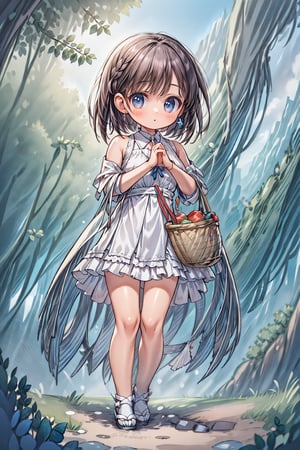 (best quality),(masterpiece:1.1),(extremely detailed CG unity wallpaper:1.1), (colorful cloth :1.3),(panorama shot:1.4),looking at viewer, from below, high res, detailed face, detailed eyes, 1 girl, solo, short-bob roughtly cut and two braided hair-bangs tied behind her head, cute hairstyle, full body, mountain forest , outdoors, (perfect fingers :1.4), perfect face, five fingers for each hand, fantasy, hugging basket , Exquisite face,Isometric_Setting,KibaManamiManityro