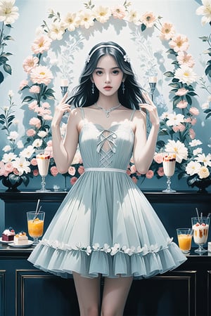 high contrast, highly detailed, 4k, 8k, HD,  digital art, ultra detailed, (masterpiece, top quality, best quality, official art, perfect face:1.2), UHD, (cinematic, azure and light pink:0.85), 32K, (Beautifully Detailed Face and Fingers), (muted colors, dim colors), vanilla dress, young beautiful girl, dynamic posing, art, 1girl, pop culture modern aesthetic cafe, bright, (flower wall:2), (parfait, dessert :1.4), (Five Fingers for Each Hand), (5fingers, detailed hand:1.2),(fine fingers, real hands, real fingers :1.5),More Details