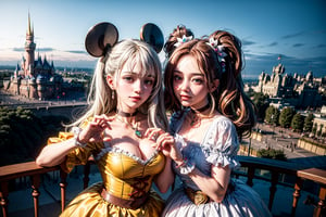 (best quality),(masterpiece:1.1),(extremely detailed CG unity wallpaper:1.1), (colorful:1.2),(panorama shot:1.4),looking at viewer,from above,2 girls ,15yo, (Disney cosplay :1.4), (Disney land Tokyo background :1.4), adorable hair, fun, smile, flowers (innocent grey), 16K, UHD, HDR, rose, twilight, perfect shadow, (perfect fingers :1.4), perfect face, five fingers for each hand, (heart hands pose :1.4), FANTASY ,beehive fireworks, ribbon choker, puffy short sleeves, magical girl