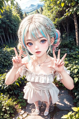 (best quality),(masterpiece:1.1),(extremely detailed CG unity wallpaper:1.1), (colorful cloth :1.3),(panorama shot:1.4),looking at viewer, from above, high res, detailed face, detailed eyes, 1 girl, solo, short-bob roughtly cut and two braided hair-bangs tied behind her head, cute hairstyle, full body, mountain forest , outdoors, (perfect fingers :1.4), perfect face, five fingers for each hand, (photo shoot pose :1.4), fantasy,Exquisite face