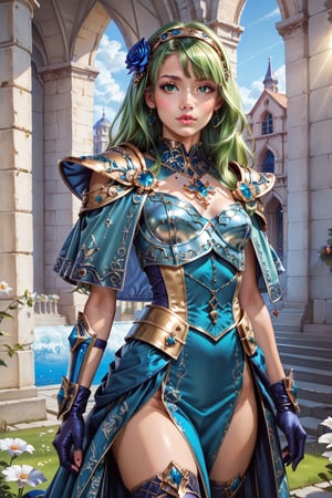 score_9, score_8_up, score_8, masterpiece, official art, ((ultra detailed)), (ultra quality), high quality, perfect face, 1 girl with long hair, blond-green hair with bangs, bronze eyes, detailed face, wearing a fancy ornate (((folk dress))), shoulder armor, armor, glove, hairband, hair accessories, striped, (holding the great weapon :1.4), jewelery, thighhighs, pauldrons, side slit, capelet, vertical stripes, looking at viewer, fantastical and ethereal scenery, daytime, church, grass, flowers. Intricate details, extremely detailed, incredible details, full colored, complex details, hyper maximalist, detailed decoration, detailed lines, best quality, HDR, dynamic lighting, perfect anatomy, realistic, more detail, Architecture, full juicy lips, perfect green eyes, (kawaii face)