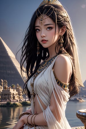 ultra detailed,  (masterpiece,  top quality,  best quality,  official art,  perfect face:1.2),  UHD,  cinematic,  (muted colors,  dim colors),  perfect face,  perfect eyes,  long-lenses photograph,  realistic,  8K,  16K,  with mountains and valleys,  sun and the moon skimpy silhouettes romantically kissing in the sky that is both day wand night,  heart,  romance, Roses,  stunning light,  wind is blowing,  couple, cinematic shot, river, (1girl shiny long hair:1.4),  (1boy short hair style :1.4),  photorealistic, masterpiece,  (Egypt style :1.4), egyptian clothes, egyptian