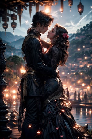 ultra detailed, (masterpiece, top quality, best quality, official art, perfect face:1.2), UHD, cinematic, (muted colors, dim colors), perfect face, perfect eyes, long-lenses photograph, realistic, 8K, 16K, with mountains and valleys, sun and the moon skimpy silhouettes romantically kissing in the sky that is both day wand night , heart, romance, ((flowers, light rose , Plumeria)), stunning light, wind is blowing, couple, (1girl shiny long hair, long dress:1.4), (1boy short hair style :1.4), photorealistic, masterpiece, couple, romance, (renaissance costume), (classic romance novels),Line art, prince,midjourney