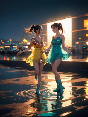 (Happily:1.4), (ultra detailed), ultra high res, (photorealistic:1.4), official art Two girls playing in puddles wearing rain boots. In the center of the puddles, there is a clear reflection of the transparent water surface with bright light reflecting upon it. The girls are dressed in yellow raincoats and wearing boots, allowing them to play in the puddles without getting wet. One of them is an energetic girl with her hair tied up in pigtails,  while the other has cute short twin tails. Holding hands, they jump and frolic, creating splashes of water. The weather is fine after the rain,  and a vibrant rainbow stretches across the background. The colors of the rainbow harmonize with the girls' smiles,  creating a joyful atmosphere,  colorful wear,  (adorable difference face:1.4), (perfect body:1.4), (night, metropolis and sky train background :1.4), exposure blend,  medium shot,  bokeh,  high contrast,  (cinematic,  teal and green:0.85), (muted colors, dim colors, soothing tones:1.3),  low saturation,  the atmosphere is fun and full of happiness. The sky was filled with colorful fireworks. on a city light embers of memories,  colorful, night background, exposure blend,  medium shot, bokeh, high contrast,  Adorable cloth, bioluminescent dress,  shiny,  (high quality:1.3), (masterpiece, best quality:1.4),  (ultra detailed, 8K, 16K, ultra highres), sharp focus,  professional dslr photo, (UHD:1.4), HDR, volumetric fx,  ray tracing, (((intricate details))), extremely detailed CG,  perfect anatomy,  perfect legs, perfect face,  beautiful girl, cinematic photo,  perfect photography,  professional, perfect sky,  ((copper style)), glitter, gradient color all fluentcolor transparent cloth, Ghibli, (professional photograpy:1.1), real hands, little_cute_girl, 1 line drawing,