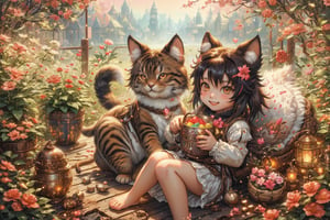 (best quality,ultra-detailed,cute animals,vivid colors,soft lighting,digital illustration,fluffy fur,playful expressions,adorable poses,dreamy atmosphere,colorful surroundings), (art by Makoto :1.5), (hair bun, cute hair), digital art, child, cute cat, 16K, cool wallpaper, things, jasmine, pillows, clutter, toy, basket, wood, pot, can copper, garden yard, circle face, smile, sharp focus, HDR, Add more details