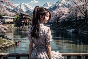 ((1girl)),solo, long hair, brown hair, black hair, dress, sitting, ponytail, outdoors, sky, day, cloud, water, from behind, white dress, tree, cherry blossoms, building, instrument, scenery, reflection, mountain, watercraft, architecture, house, bridge, east asian architecture, river, boat,