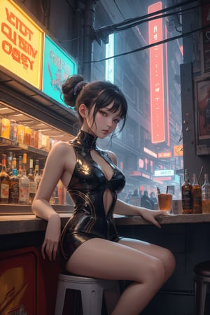 (ultra detailed, ultra highres), (masterpiece, top quality, best quality, official art :1.4), (high quality:1.3), A sultry sexual android perches on a stool, its metallic curves glistening under the pulsing neon lights of the cyberpunk club. The air is thick with the sweet scent of smoky whiskey and the murmur of hushed conversations. Before it, a rainbow-colored drink glows like a miniature cityscape, awaiting the android's selection. Its gaze, a piercing fusion of human and machine, holds the promise of intimacy and connection for anyone brave enough to approach, Movie Poster, 