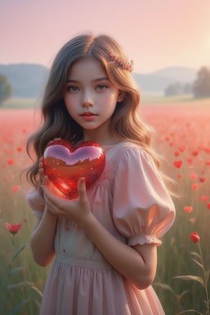 (masterpiece), (absurdres:1.3), (ultra detailed), HDR, UHD, 16K, ray tracing, vibrant eyes, perfect face, award winning photo, A silhouette of a young girl with flowing hair, standing in a field. She holds a red heart-shaped object, possibly a flower, in her hand. The background is framed within a heart shape, with a gradient of colors transitioning from a light beige at the top to a darker hue at the bottom. The overall mood of the image is serene and dreamy, evoking feelings of love and tranquility., painting, conceptual art, illustration shiny skin, (shy blush:1.1), (dynamic action pose:1.3) ,slightly smile, lens flare, photo quality, big dream eyes, ((perfect eyes, perfect fingers)) ,kawaii, (Sharp focus realistic illustration:1.2), adorable,