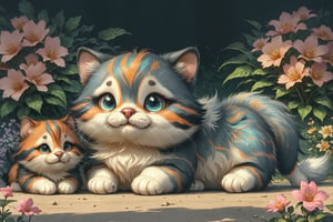 (best quality,ultra-detailed,cute animals,vivid colors,soft lighting,digital illustration,fluffy fur,playful expressions,adorable poses,dreamy atmosphere,colorful surroundings), (art by Makoto :1.5), digital art, child, cute cat, 16K, cool wallpaper, things, jasmine, pillows, clutter, toy, basket, wood, pot, can copper, garden yard, circle face, smile, sharp focus, HDR, Add more details