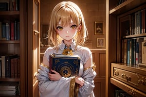 Masterpiece, Best Quality, highres, hyper detailed, A young librarian stands guard over a towering bookcase, holding a glowing orb. Ancient magic crackles around her, protecting the hidden knowledge within. (Mood: Mystical, protective. Setting: Grand library filled with ancient tomes and mystical artifacts. Color tone: Warm yellows, browns, and soft glows from the orb),jewel pet