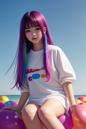 masterpiece, best quality, incredibly absurdres, 1girl, colorful balloon, sitting, happy, closed mouth, cute casual outfit, very long hair, multi colored hair, confetti, upper body, bangs
