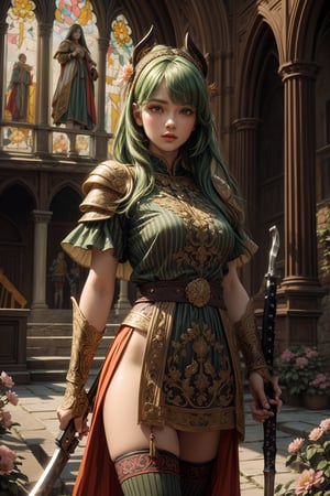 masterpiece, official art, ((ultra detailed)), (ultra quality), high quality, perfect face, A girl with long hair, blond-green hair with bangs, bronze eyes, detailed face, wearing a fancy ornate (((folk dress))), shoulder armor, armor, glove, hairband, hair accessories, striped, (holding the great weapon:1.5), jewelery, thighhighs, pauldrons, side slit, capelet, vertical stripes, looking at viewer, fantastical and ethereal scenery, daytime, church, grass, flowers. Intricate details, extremely detailed, incredible details, full colored, complex details, hyper maximalist, detailed decoration, detailed lines, best quality, HDR, dynamic lighting, perfect anatomy, realistic, more detail,
