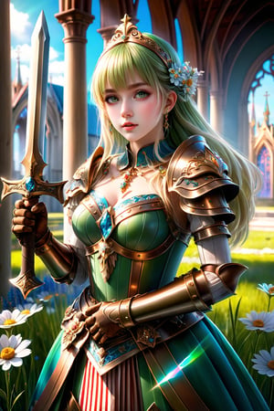 (masterpiece), (absurdres:1.3), (ultra detailed), HDR, UHD, 16K, ray tracing, vibrant eyes, perfect face, award winning photo, 1 girl with long hair, blond-green hair with bangs, bronze eyes, detailed face, wearing a fancy ornate (((folk dress))), shoulder armor, armor, glove, hairband, hair accessories, striped, (holding the great weapon:1.7), jewelery, thighhighs, pauldrons, side slit, capelet, vertical stripes, looking at viewer, fantastical and ethereal scenery, daytime, church, grass, flowers. Intricate details, extremely detailed, incredible details, full colored, complex details, hyper maximalist, detailed decoration, detailed lines, best quality, dynamic lighting, perfect anatomy, realistic, more detail, ,Architect, shiny skin, (shy blush:1.1), (dynamic action pose:1.3) ,slightly smile, lens flare, photo quality, big dream eyes, ((perfect eyes, perfect fingers)) ,kawaii, (Sharp focus realistic illustration:1.2), holding stuff, 