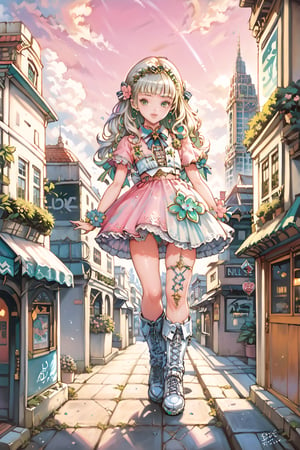 score_9_up, score_8_up, score_7_up,, masterpiece, official art, ((ultra detailed)), (ultra quality), high quality, perfect face, 1 girl with long hair, looking at viewer, painting, cityscape, buildings, streets,sunshine, flowers, green plants,((pink sky)),((clouds)), bronze eyes, detailed face. Intricate details, extremely detailed, incredible details, full colored, hyper maximalist, detailed decoration, detailed lines, best quality, HDR, dynamic lighting, perfect anatomy, realistic, more detail, Architecture, full juicy lips, perfect green eyes, (soft cute face), greg rutkowski,lace-up boots,cross-laced footwear