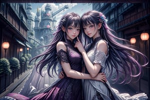 (best quality), (extremely detailed CG unity 8k wallpaper:1.1), (colorful:0.9),(panorama shot:1.4),upper body,looking at viewer,from above, 2 girls hugging each other,15yo, cosplay, (Disney land Tokyo :1.4), fun,smile, happiness, Nature, colorful, exposure blend, medium shot, bokeh, high contrast, (muted colors, dim colors, soothing tones:1.3), low saturation, Adorable cloth, shiny, luxury red off the shoulder full skirt vintage swing dress, (high quality:1.3), (masterpiece, best quality:1.4), (ultra detailed, 8K, 4K, ultra highres), (Beautifully Detailed Face and Fingers), (Five Fingers) Each Hand, nice hands, (perfect fingers, perfect hands :1.3), sharp focus, professional dslr photo, (Photorealistic:1.4), UHD, HDR, volumetric fx, (((intricate details))), extremely detailed CG, cinematic photo, perfect photography, professional, perfect sky, shiny, glitter, gradient color all fluentcolor, colorful, (professional photograpy:1.1),child