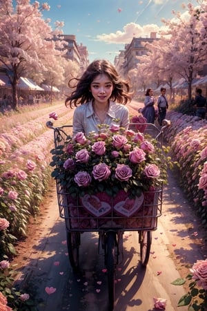 rose in object,  ultra detailed,  (masterpiece,  top quality,  best quality,  official art,  perfect face:1.2),  UHD,(cinematic,  azure and light pink:0.85),  (muted colors,  dim colors),  falling petals, purple roses , multicolor rose, happiness, (action hearts:1.4), (full field roses :1.4) , in Flower market cart ,flowers,rose, 