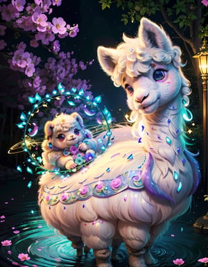 (masterpiece, best quality), (absurdres:1.3), (ultra detailed, ultra highres:1.1), 8K, UHD, realistic,photorealistic:1.37 ,beautiful detailed eyes,beautiful detailed lips , (classical lolita costume:1.5), slightly smile, (((with cute baby alpaca))) , magical aura, whimsical, colorful sunshine ,rays of sunlight peeping through the trees,soft dappled light,peaceful atmosphere,magical creatures,playing alpaca, sparkling fairy dust,soft glow,x,y,z style painting,blending colors,vibrant hues,dreamlike scenery,Realism, (sparkling eyes:1.3), art by Jean-Gabriel Domergue, a cute teenage, 1girl, (15yo, child face), a ultra hd detailed painting, Jean-Baptiste Monge style, bright, beautiful, splash, Glittering, filigree, rim lighting, extremely fluffy, magic, surreal, fantasy, digital art, by wlop, by artgerm, (junji ito style:1.3) , (Andrei Belichenko style:1.3), (extra wide shot:1.6), smooth skin, mgln,cryptids,realism