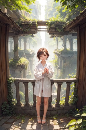 (best quality),(masterpiece:1.1),(extremely detailed CG unity wallpaper:1.1), (colorful cloth :1.3),(panorama shot:1.4),looking at viewer, from below, high res, detailed face, detailed eyes, 1 girl, solo, short-bob roughtly cut and two braided hair-bangs tied behind her head, cute hairstyle, full body, mountain forest , outdoors, (perfect fingers :1.4), perfect face, five fingers for each hand, fantasy, hugging basket , Exquisite face, Model shooting style,