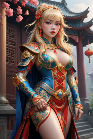 score_9, score_8_up, score_8, masterpiece, official art, ((ultra detailed)), (ultra quality), high quality, perfect face, 1 girl with long hair, blond-green hair with bangs, bronze eyes, detailed face, wearing a fancy ornate (((folk dress))), shoulder armor, armor, glove, hairband, hair accessories, striped, (holding the great weapon :1.4), jewelery, thighhighs, pauldrons, side slit, capelet, vertical stripes, looking at viewer, fantastical and ethereal scenery, daytime, church, grass, flowers. Intricate details, extremely detailed, incredible details, full colored, complex details, hyper maximalist, detailed decoration, detailed lines, best quality, HDR, dynamic lighting, perfect anatomy, realistic, more detail, Architecture, full juicy lips, perfect green eyes, (soft cute face), breast,ddckimsungah,Long Legs and Hot Body,greg rutkowski,slacestyle,dragon chinese