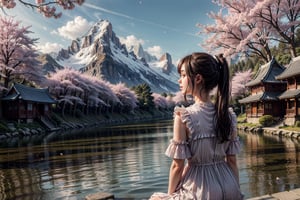 ((1girl)),solo, long hair, brown hair, black hair, dress, sitting, ponytail, outdoors, sky, day, cloud, water, from behind, white dress, tree, cherry blossoms, building, instrument, scenery, reflection, mountain, watercraft, architecture, house, bridge, east asian architecture, river, boat,