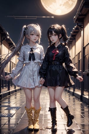 high definition, high quality, detailed face ,high resolution, highly detailed, detailed background, perfect lighting, photorealistic rendering, (8k, 16K, best quality, masterpiece:1.2), (ultra highres:1.0), (HDR:1.4), realistic, cute girl, epic Two girls playing in puddles wearing rain boots. In the center of the puddles, there is a clear reflection of the transparent water surface with bright light reflecting upon it. The girls are dressed in yellow raincoats and wearing boots, allowing them to play in the puddles without getting wet. One of them is an energetic girl with her hair tied up in pigtails, while the other has cute short twin tails. Holding hands, they jump and frolic, creating splashes of water. The weather is fine after the rain, and a vibrant rainbow stretches across the background. The colors of the rainbow harmonize with the girls' smiles, creating a joyful atmosphere, Dark night, wind blowing, stary night, night sky, absurderes, Ultra detailed backgrounds, Calm tones, (Geometry:1.42), (Symmetrical background:1.4), Photograph the whole body, from below, Backlighting of natural light, falling petals, the source of light is the moon light, colorful wear, (adorable difference face:1.4), NATSUMI