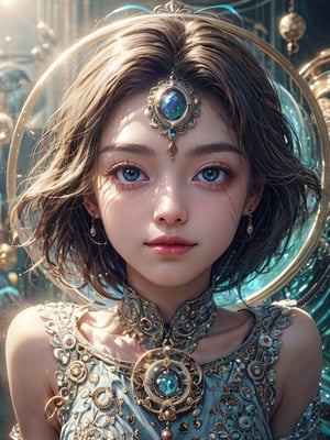 1girl, solo, (masterpiece), (absurdres:1.3), (ultra detailed), HDR, UHD, 16K, ray tracing, vibrant eyes, perfect face, award winning photo, beautiful, shiny skin, (highly detailed), clear face, teenage cute delicate girl, (shy blush:1.1), (high quality, high res, aesthetic:1.1), (feminine pose:1.3) ,slightly smile, lens flare, photo quality, big dream eyes, ((perfect eyes, perfect fingers)), iridescent brown hair, vivid color, perfect lighting, perfect shadow, realistic, stunning light, (atmosphere :1.6), nice hands, hydrotech , scifi, insane details ,high details ,kawaii, 

(Sharp focus realistic illustration:1.2), a giant glass sphere containing a small ecosystem, surrounded by measurement devices is installed in large-scale factory, a girl Priest stands next to the sphere, divine magic, sacred texts, ceremonial robes, incense, healing spells, blessing rituals, BREAK intricate illustrations, delicate linework, fine details, whimsical patterns, enchanting scenes, dreamy visuals, captivating storytelling