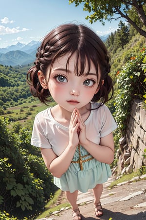 (best quality),(masterpiece:1.1),(extremely detailed CG unity wallpaper:1.1), (colorful cloth :1.3),(panorama shot:1.4),looking at viewer, from below, high res, detailed face, detailed eyes, 1 girl, solo, short-bob roughtly cut and two braided hair-bangs tied behind her head, cute hairstyle, full body, mountain forest , outdoors, (perfect fingers :1.4), perfect face, five fingers for each hand, fantasy, hugging basket , Exquisite face,